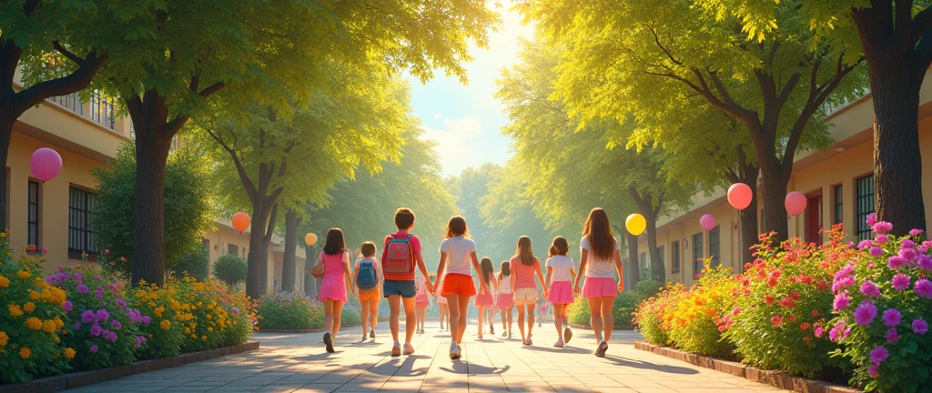 Bright and Cheerful Backdrop: The school entrance with colorful balloons, fresh flowers and golden sunlight streaming through the trees creates a welcoming and festive atmosphere on the first of September.