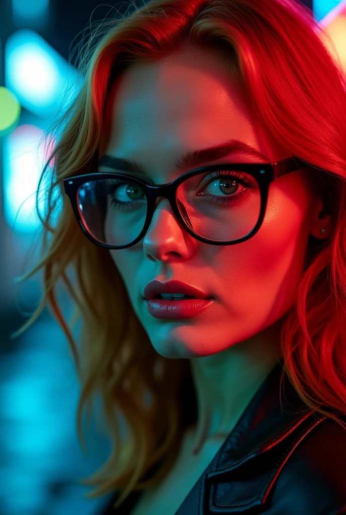 sexy and very wet margot robbie as redhead with glasses with a very seductive stare with lightly open mouth appealing for a blow at night with blue and red neon lights