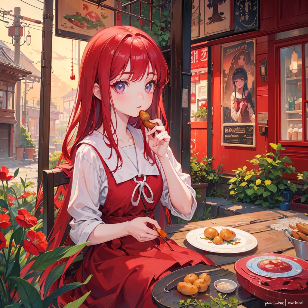 a young girl with beautiful detailed eyes and lips, extremely detailed face, long eyelashes, wearing a red dress, sitting on the ground and eating potatoes, beautiful detailed environment, vibrant colors, cinematic lighting, highly detailed, 8k, photo-realistic, studio ghibli art style, award winning digital painting, ponyo