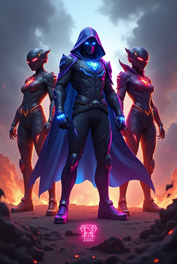 Battle ground mobile India 3 super Power Player stand with super power Dresses and text under 1st player is "BBRocks" text under 2nd player is "DarklightBK" and text under 3rd player "Dsrocks" with a devile background