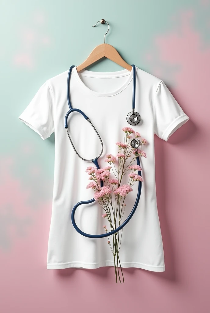 White cotton women's t-shirt mockup with a stethoscope and flowers . T-shirt design mockup, t-shirt print presentation mockup