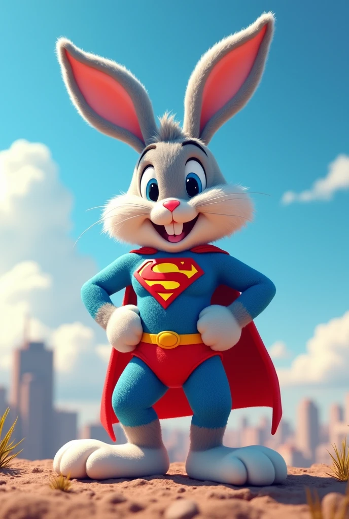 Does he have a Bugs Bunny like the one from Looney Tunes wearing a Superman suit? , humanoid form ( in 3d style) 