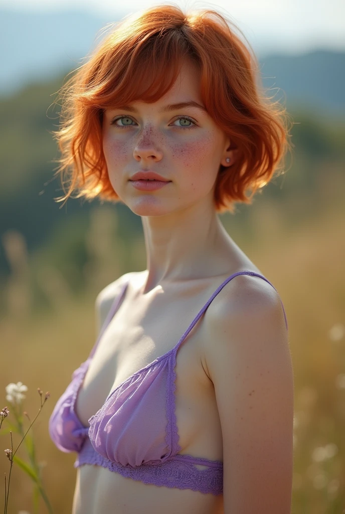 green grass, surrounded by wildflowers. Realistic photography, fantasy world, bright colors, idyllic scenery, early spring. fine and detailed body textures. Surreal atmosphere, volumetric light. Front poses. Eighteen-year-old girl, redhead, curly hair, brown eyes, freckles on her face, mischievous smile, bare breasts, small and perfect, pubic hair. Full body.