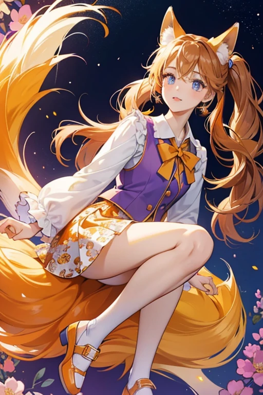 Felicity has tan skin and a pair of orange and pale gold fox ears. Her orange fox tail is tipped in white. She has large blue eyes with light orange and gold markings around them that suit her fox like look. Her long brown hair has a purple hue and is worn in pigtails held with light gold ribbons. Her short bangs are cut evenly and she wears a yellow flower on her ear.
Felicity's normal outfit includes a white blouse with three purple flowers and an orange low cut vest, a pale blue skirt covered with a floral print and bright pink shoes. SPARKLE; GLITTER