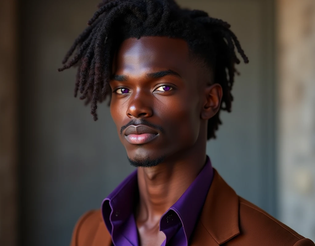 headshot of a very tall French-Nubian featured male model, relaxed waves parted to the side hair, toned body, ebony skin, vibrant purple eyes, shaved chin, tall thin toned body. Kind expression. Wearing brown and purple clothes.