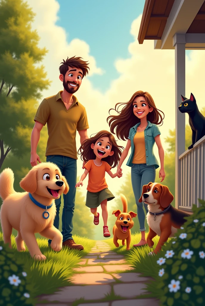 Family formed by a girl, a father, a mother, 3 dogs and a cat
Animated