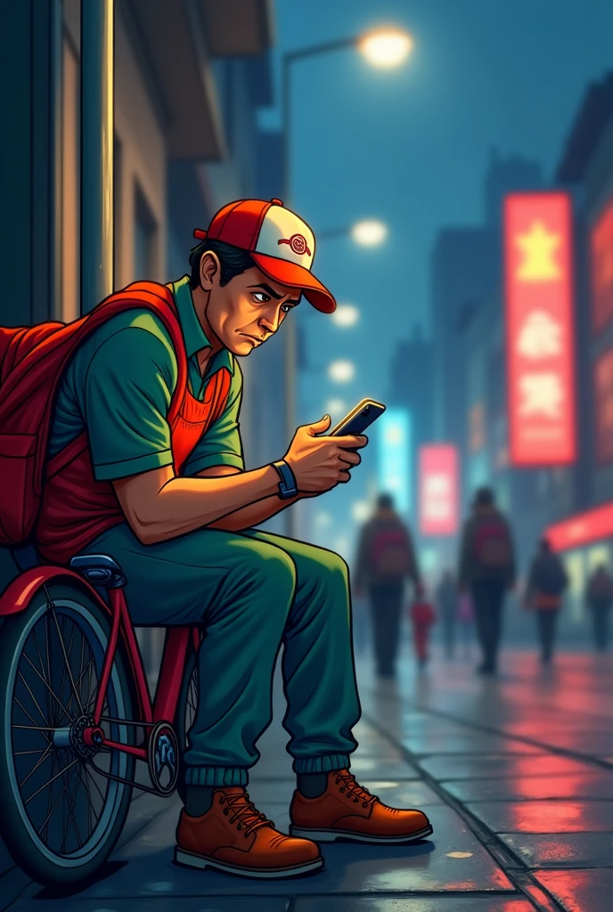 Sad food delivery driver checking his phone, cartoon