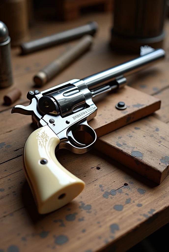 Create an image of a Heritage 22lr with a chrome finish and ivory grip.