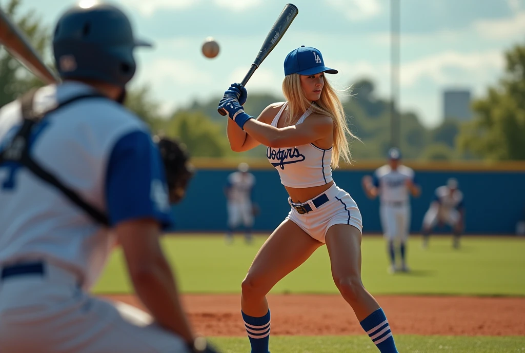 Magnificent detail, 8K Photos, hyper- realism, realistic background, visual depth, wide angle lens, professional light, POV catcher (catcher) behind the batter (batter). {The scene shows a woman batter (batter) In the baseball game, Linda, sensuous, blonde with white skin, turned sideways, segurando a base do taco In the baseball game e rebatendo forte uma bola In the baseball game, thrown by a pitcher (pitcher) in official playing position.} {The hitter (batter) wearing short shorts, rot, in tight lycra leggings, showing off her beautiful muscular legs and big butt, white babydoll style top, short, Two Angels Los Angeles, that highlights your belly button well, defined abdomen and perfect big breasts. E um bonérot.} {O cenário é um campo In the baseball game e as 3 pessoas estão posicionadas de acordo com as regras e demarcações oficiais do beisebol.} {The woman is in the traditional rotation movement to hit the ball} {The pitcher is returning from the ball throwing motion. The pitcher and catcher are wearing traditional Dodgers uniforms..} The hitter está olhando para a bola, holding the bat with both hands. The ball is close to the point of contact with the bat. The hitter tem bunda grande, Waist slender, big boobies. Linda, sexly.