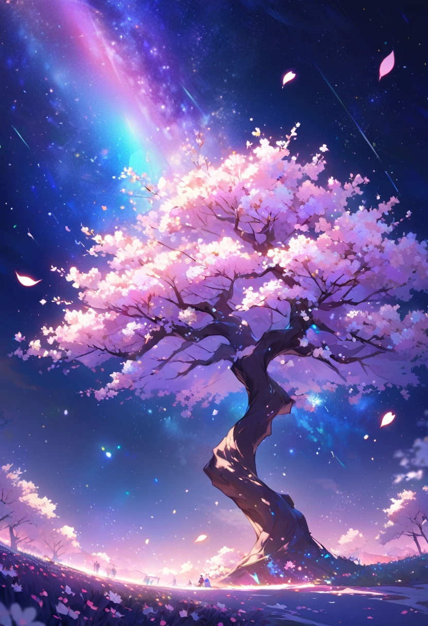 surely, The prompt for this image is, 「A fantastic landscape of cherry blossoms at night with the backdrop of the brightly shining universe」. The scene is filled with a bright atmosphere, Highly saturated colors that emphasize the vividness of cherry blossoms and celestial bodies. the stars twinkle more intensely, and the Milky Way is painted in brighter shades of blue and purple, The entire scene glows with an otherworldly glow. Even the petals are infused with delicate rainbow colors., Creates a fantastical atmosphere as if the tree is bathed in starlight..」