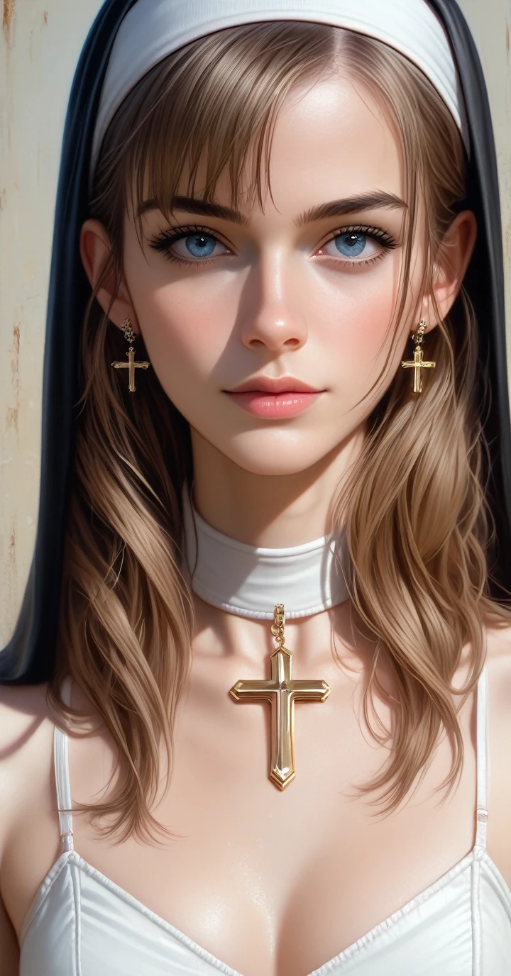 
a close up of a woman with a cross on her face, a hyperrealistic painting inspired by Yanjun Cheng, trending on Artstation, hyperrealism, detailed painting 4 k, detailed portrait of madonna, karol bak uhd, james jean and wlop, karol bak of emma watson nun, sakimichan frank franzzeta, yanjun chengt