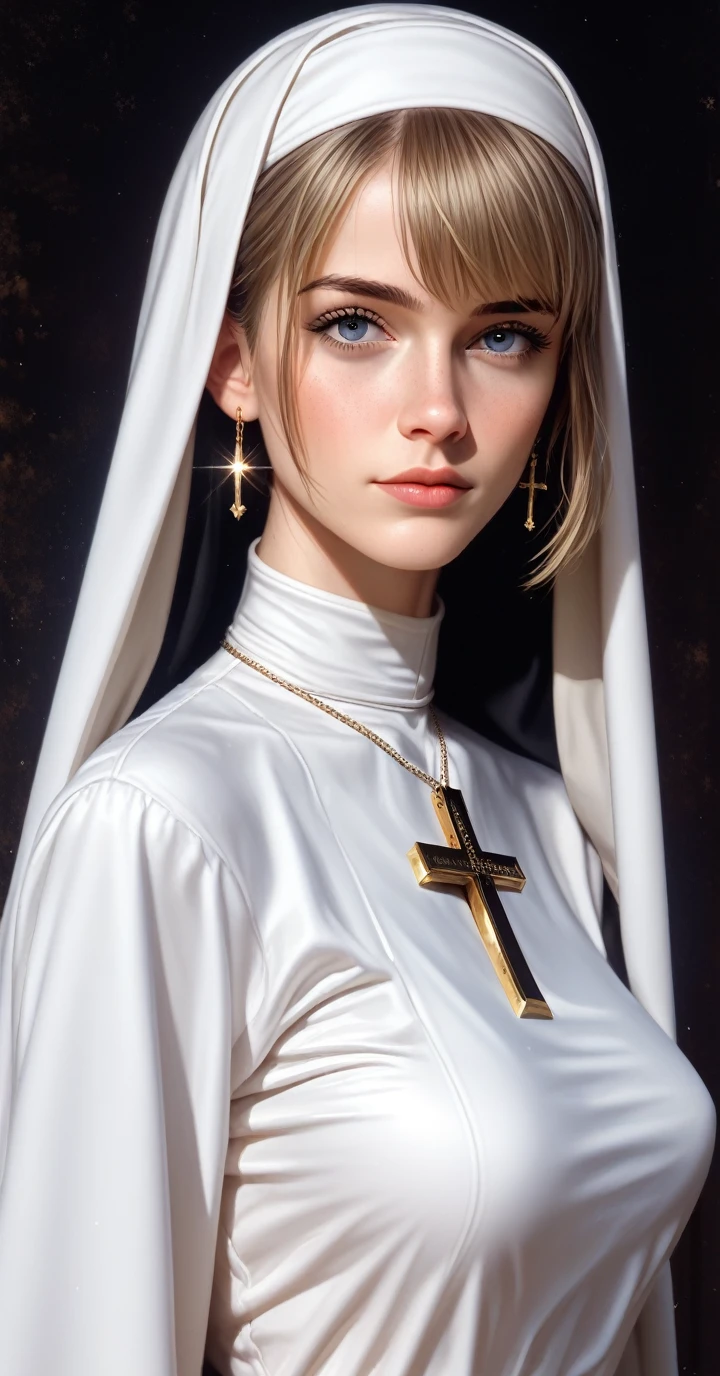 
a close up of a woman with a cross on her face, a hyperrealistic painting inspired by Yanjun Cheng, trending on Artstation, hyperrealism, detailed painting 4 k, detailed portrait of madonna, karol bak uhd, james jean and wlop, karol bak of emma watson nun, sakimichan frank franzzeta, yanjun chengt