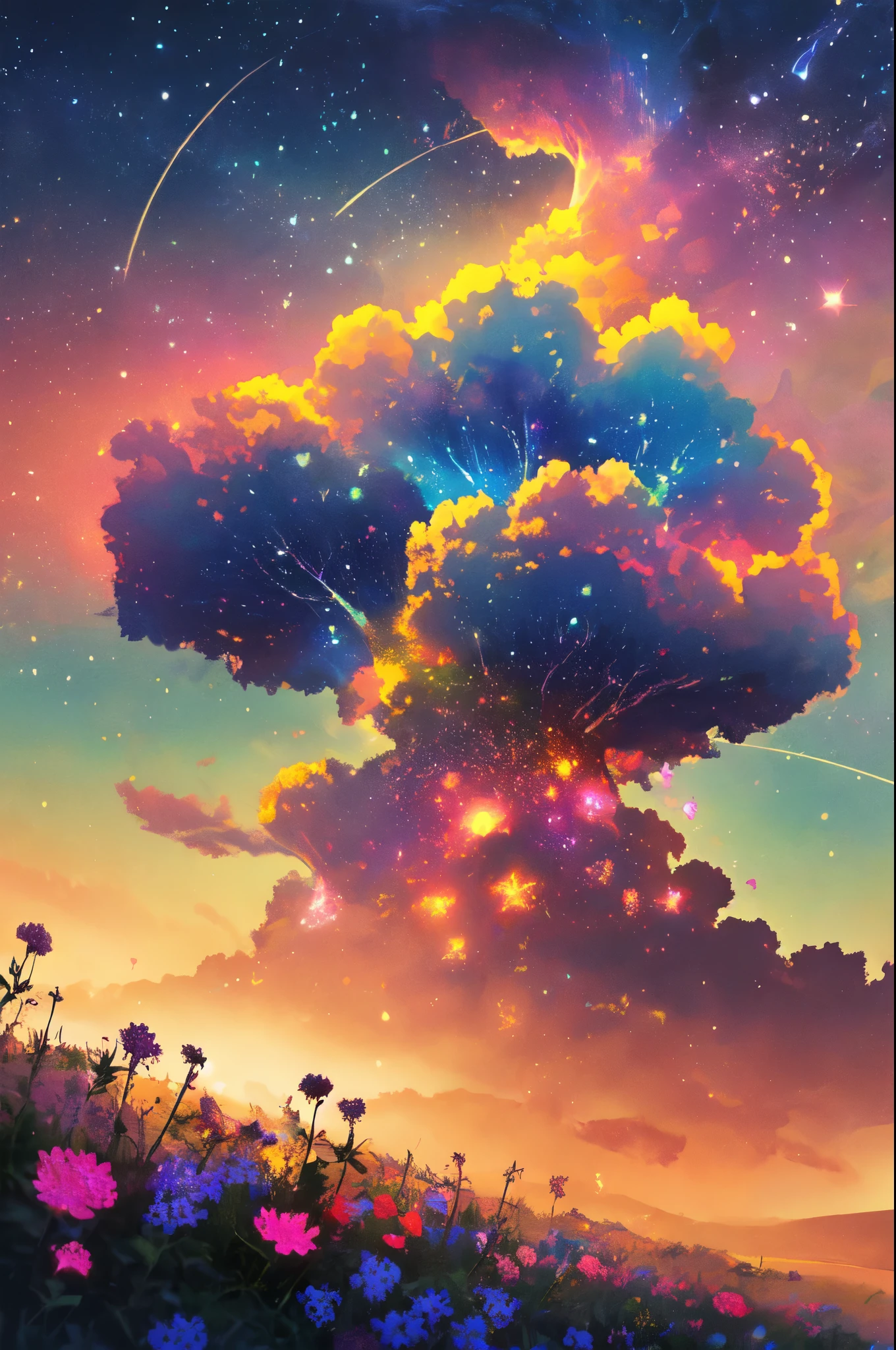 Celestial Meadow Fantasy Wallpaper in 4K quality, ethereal watercolor style, featuring a vast, open meadow under a sky painted with swirling nebulae and distant galaxies, delicate wildflowers glowing softly in the moonlight, and floating islands hovering above the horizon; cool blues and purples blending with warm golden hues, a tranquil, otherworldly ambiance, no human characters, dreamy and expansive mood --v 5 --stylize 1000