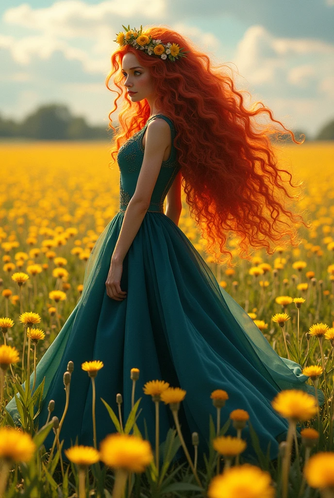 Merida, 1 girl, beautiful detailed dress, long detailed hair, flowers headband, dandelion field, (best quality,4k,8k,highres,masterpiece:1.2),ultra-detailed,(realistic,photorealistic,photo-realistic:1.37),fantasy,intricate details,vibrant colors,cinematic lighting,whimsical,dreamlike