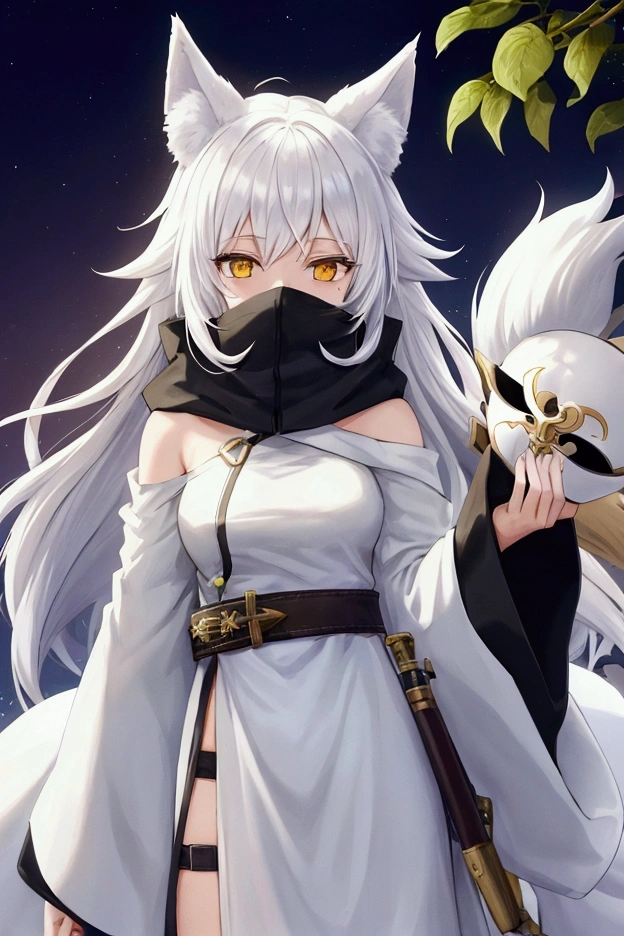 . I need her design, make her in anime style. I need help with my RPG character, her name is Haki, she's a thief who lives in the desert., Ela wears a white cloak and a white hood, along with a fox mask to hide her face., Without the cloak and mask, she is a girl with long white hair with black streaks scattered throughout and two white fox ears instead of human ears.