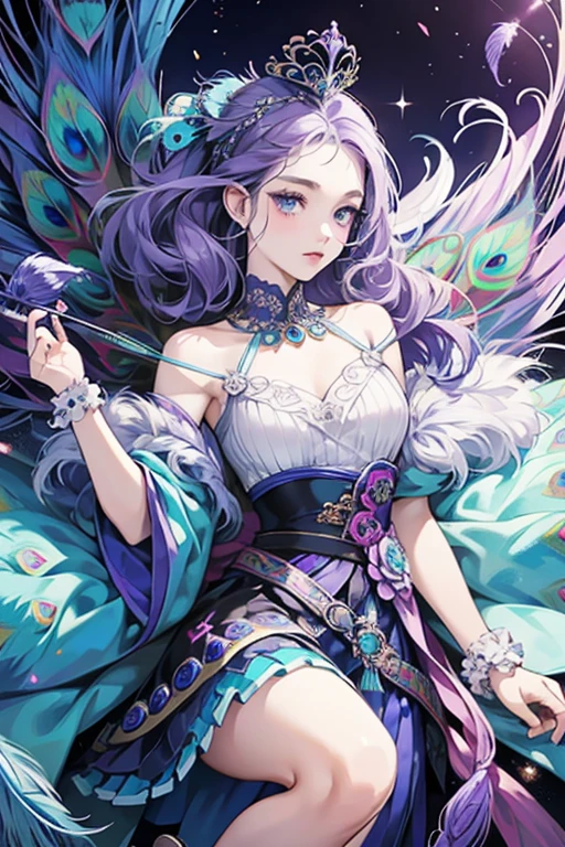 Patter has pale grey skin with a teal nose and blue eyes. She has light blue and purple eye makeup, along with three curled lines beneath each one. Her purple hair is pulled up with a purple and gold tiara on a blue band. On her back are several peacock feathers.
Patter wears a peacock inspired top with purple feather sleeves and a dark blue skirt with peacock feathers and flowers covering it. A dark purple belt is included, along with blue and gold shoes. SPARKLE; GLITTER