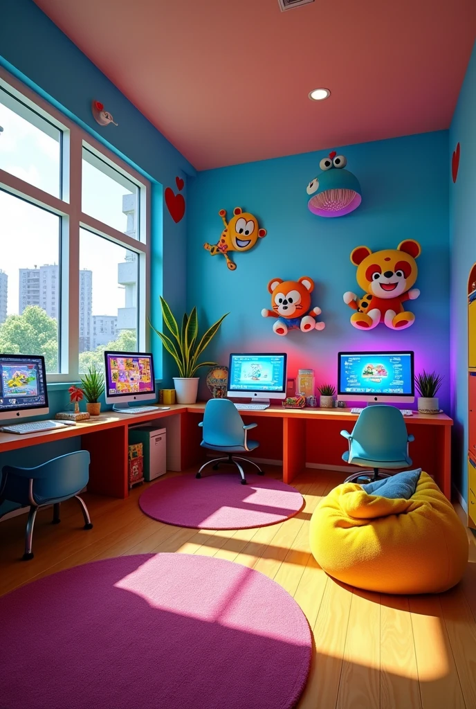 gaming room, with computer science computers, video games and toys for in preschooly elementary