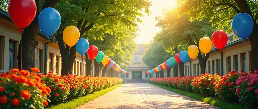 Bright and Cheerful Backdrop: The school entrance with colorful balloons, fresh flowers and golden sunlight streaming through the trees creates a welcoming and festive atmosphere on the first of September.