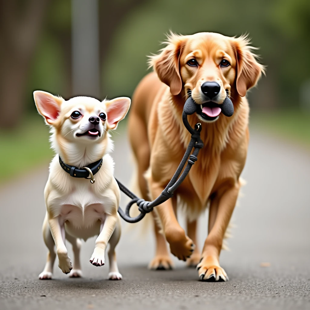 
The photo shows two dogs, a Golden Retriever walking a Chihuahua, with the Chihuahua's leash in the Golden Retriever's mouth.