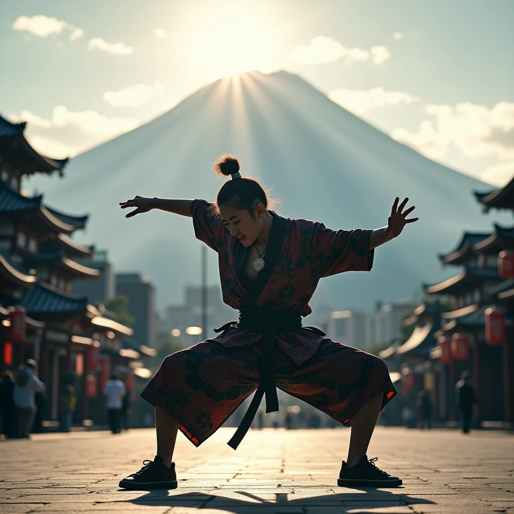 Japanese samurai bboy dressed in hip hop clothes, performing a radical breakdance in front of the urban buildings of the Tokyo metropolis, with the volcano in sharp focus and the background blurred, creating a cinematic atmosphere. The bboy's pose should convey strength and dynamism, contrasting with the serenity of the mountain. dramatic lighting, with sun rays hitting the bboy and Mount Fuji, Enhancing the Scene. Visual Style: アニメ, cinematographic, realisitic.