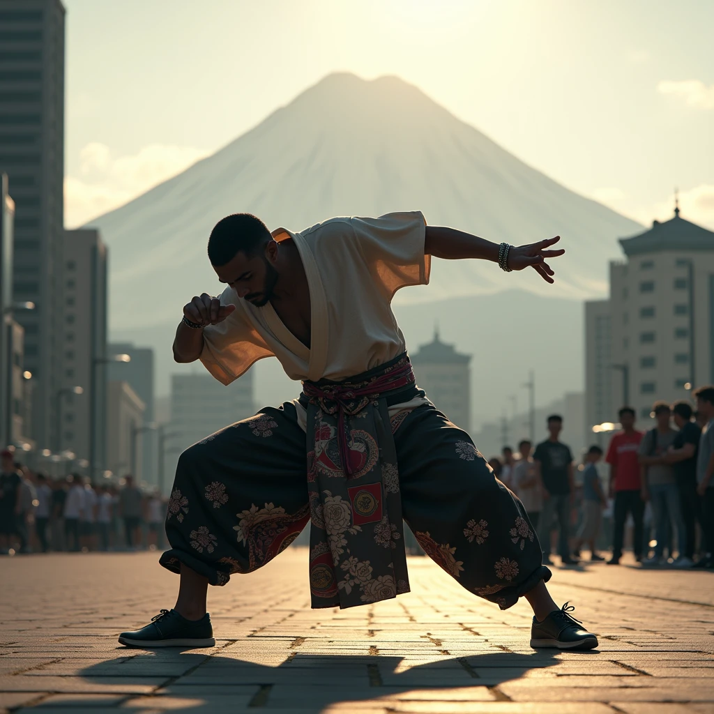 Japanese samurai bboy dressed in hip hop clothes, performing a radical breakdance in front of the urban buildings of the Tokyo metropolis, with the volcano in sharp focus and the background blurred, creating a cinematic atmosphere. The bboy's pose should convey strength and dynamism, contrasting with the serenity of the mountain. dramatic lighting, with sun rays hitting the bboy and Mount Fuji, Enhancing the Scene. Visual Style: アニメ, cinematographic, realisitic.