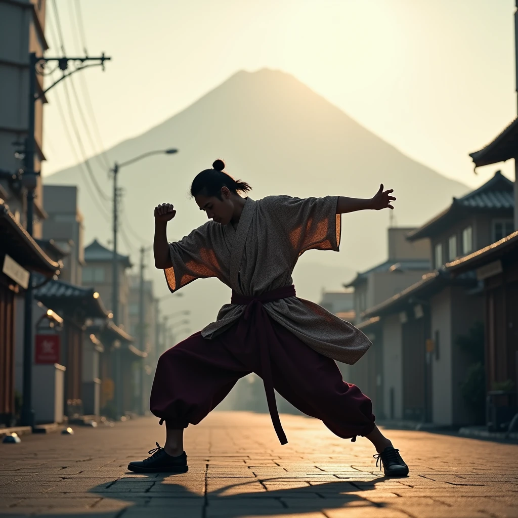 Japanese samurai bboy dressed in hip hop clothes, performing a radical breakdance in front of the urban buildings of the Tokyo metropolis, with the volcano in sharp focus and the background blurred, creating a cinematic atmosphere. The bboy's pose should convey strength and dynamism, contrasting with the serenity of the mountain. dramatic lighting, with sun rays hitting the bboy and Mount Fuji, Enhancing the Scene. Visual Style: アニメ, cinematographic, realisitic.