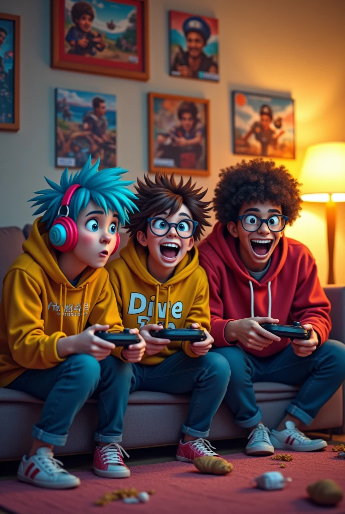 Friends play on the console and laugh