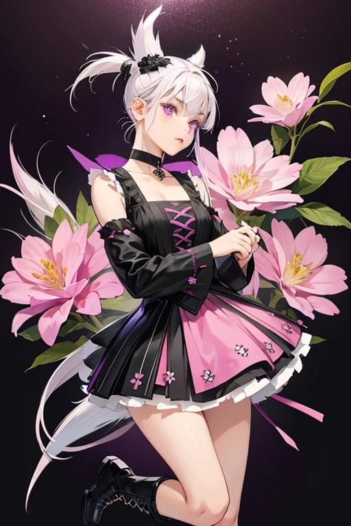 Sage Skunk has purple skin with purple eyes, grey eyebrows, a black nose, and pink lips. She has a half-shaven head with black and white hair. She has a furry tail and skunk ears with a pink flower in one of them. Sage wears a black bodice with a white line down it with a floral design. She wears a black bolero with pink flowers. Her skirt has a black background with a floral design. She wears black boots with a white stripe down the shoes and has a furry texture at the top. SPARKLE; GLITTER