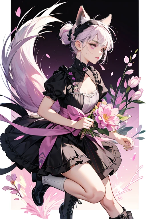 Sage Skunk has purple skin with purple eyes, grey eyebrows, a black nose, and pink lips. She has a half-shaven head with black and white hair. She has a furry tail and skunk ears with a pink flower in one of them. Sage wears a black bodice with a white line down it with a floral design. She wears a black bolero with pink flowers. Her skirt has a black background with a floral design. She wears black boots with a white stripe down the shoes and has a furry texture at the top. SPARKLE; GLITTER