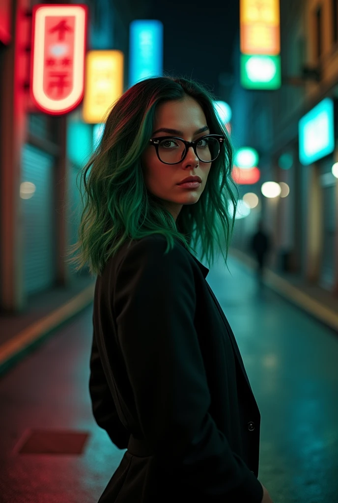 Woman with dark hair, shoulder length hair with green highlights, wearing glasses and dark clothes