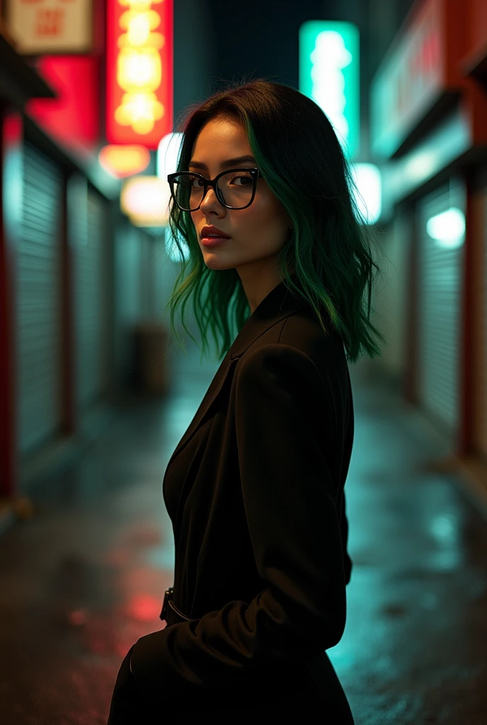 Woman with dark hair, shoulder length hair with green highlights, wearing glasses and dark clothes