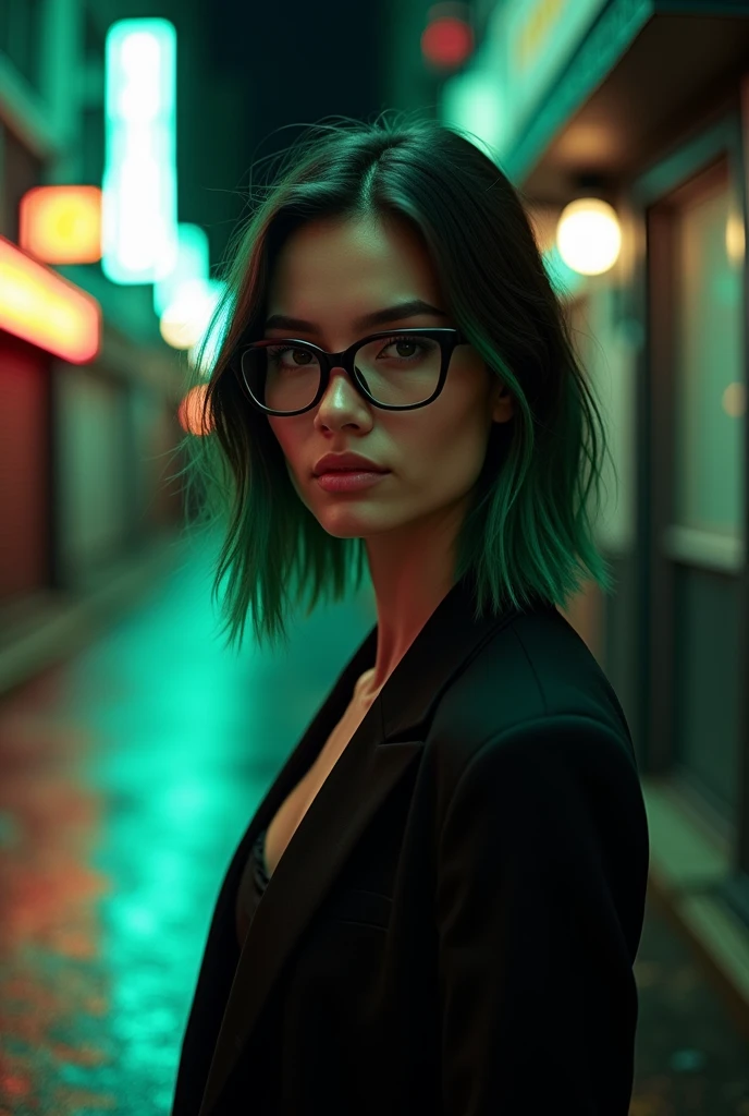 Woman with dark hair, shoulder length hair with green highlights, wearing glasses and dark clothes