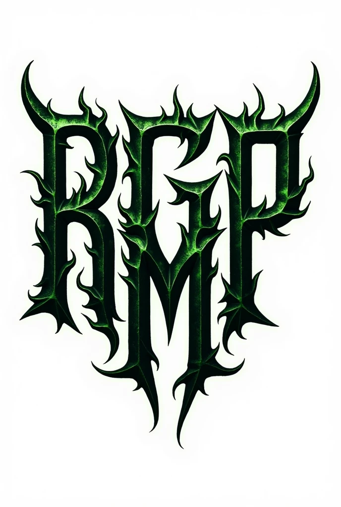 Create a metal band style logo with the following initials: R G M P
With the following features: black letters, green details and white background