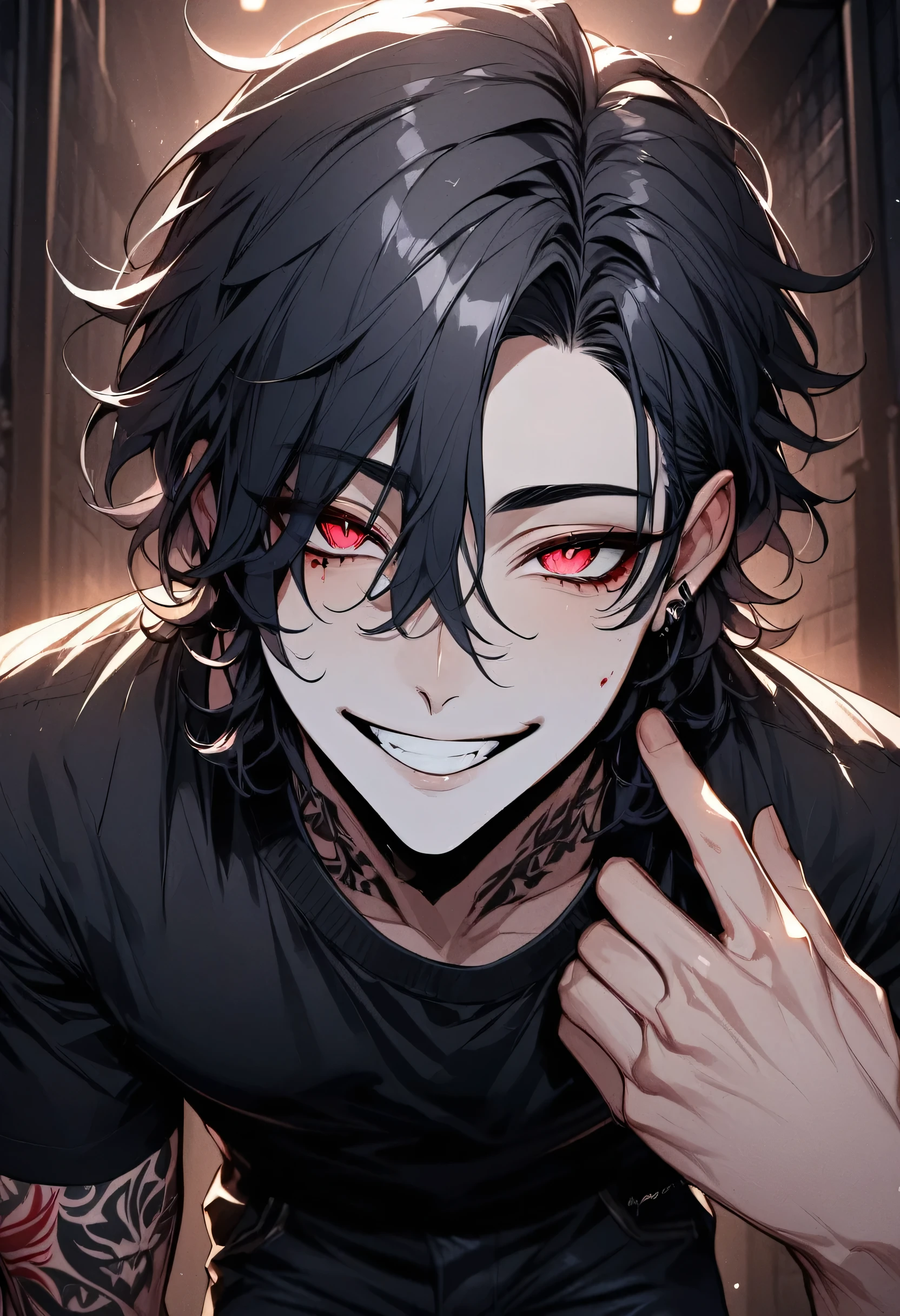 (masterpiece), best quality, expressive eyes, perfect face, , LowKeyLights, jewelry, male focus, solo, 1boy, standing on a dark basement, he has black, shoulder-length, curled hair and red eyes, looking at viewer, his body is tall and athletic, but he wears a black short-sleeved shirt, black pants and shoes, and he has many tattoos on his arms, night, dark, his face is stretched into a dark and slightly obsessed smile, detailed face, detailed eyes, detailed body, tall and athletic, his appearance speaks of his gloominess and yandere personality, basement background, detailed fingers, detailed teeth, correct pupils, adult, face close view, best upscale, he's Wicked One in love, detailed grin, hand touching his face with fingers, head tilted, dark and gloomy, blood on face, half closed eyes, hearts in pupils