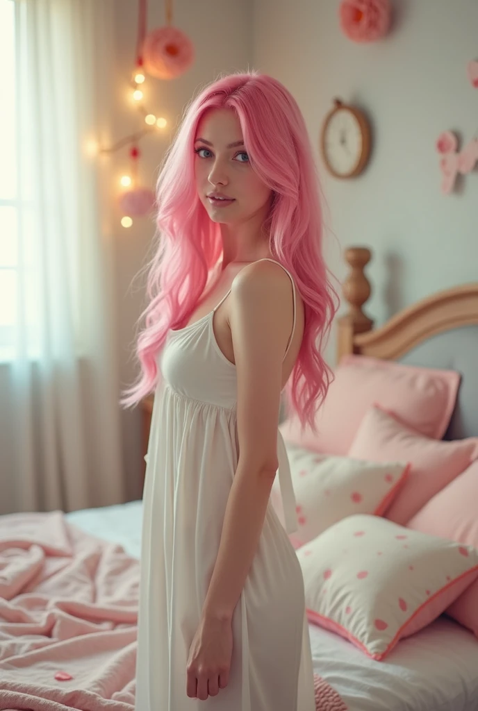 An hot girlfriend in bedroom. Pink hair, white dress, wonderful blue eyes. Cute