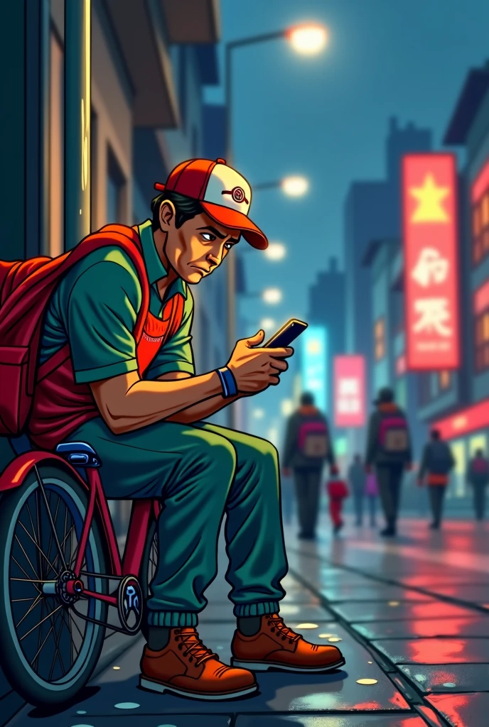 Sad food delivery driver checking his phone, cartoon