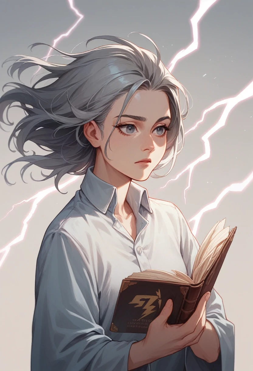A gray-haired prophet reading a papyrus with his hair flowing in the wind and surrounded by lightning in a 3D style.