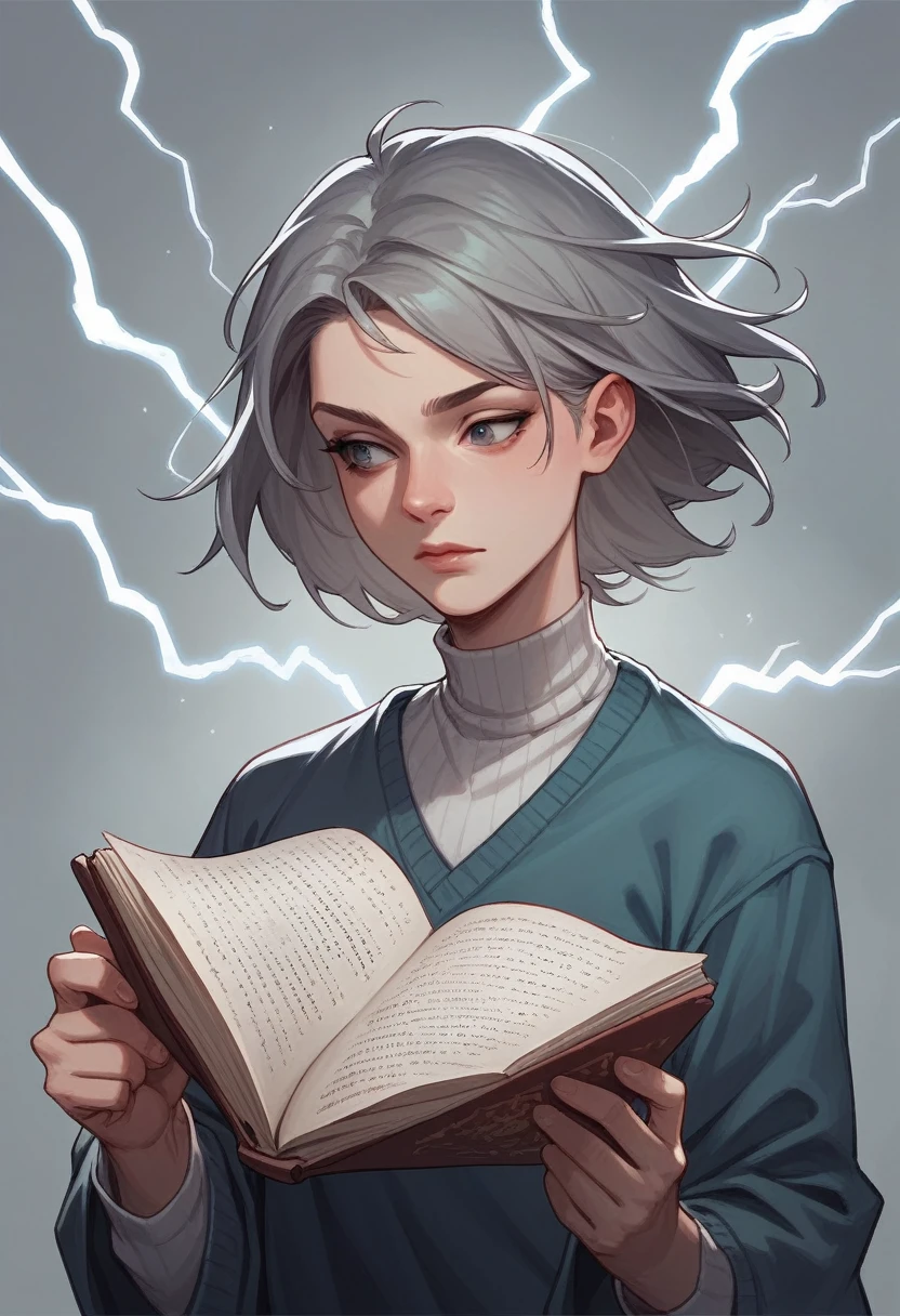 A gray-haired prophet reading a papyrus with his hair flowing in the wind and surrounded by lightning in a 3D style.