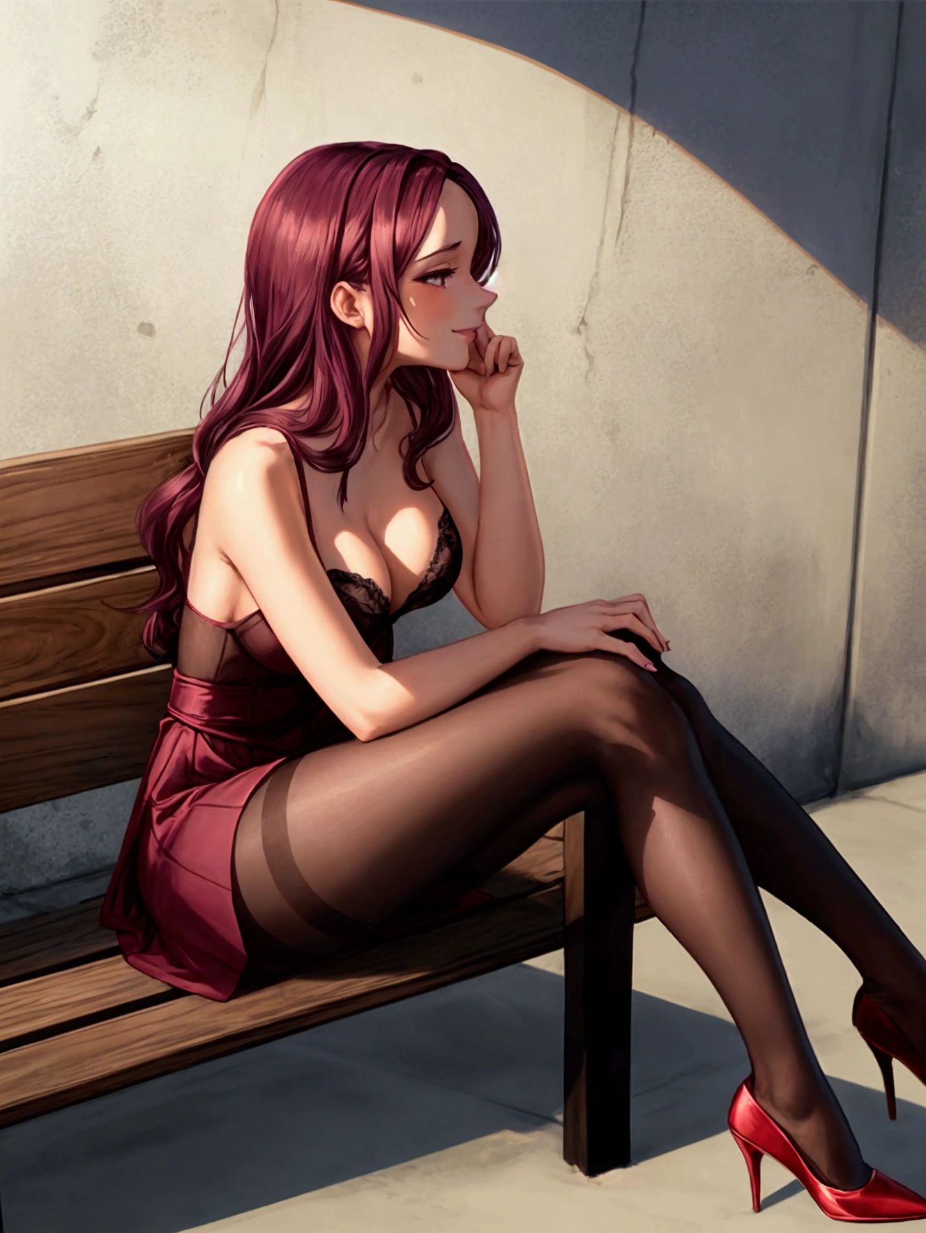 solo 26-year-old step-mother; she has wavy dark-plum-colored hair that falls to her upper-back behind her ears, and hazel-eyes; her figure is lithe, with medium-sized breasts and nice hips; she is wearing a (maroon short-sleeved knee-length dress with minimal-cleavage), (white pantyhose), and maroon-stilettos; she has a coy horny little smile on her face; she is sitting on a park-bench with her legs-crossed, while it's midnight out with dynamic darkness and shadow, with weak shadowy-lighting from an unseen street-lamp; full-body view