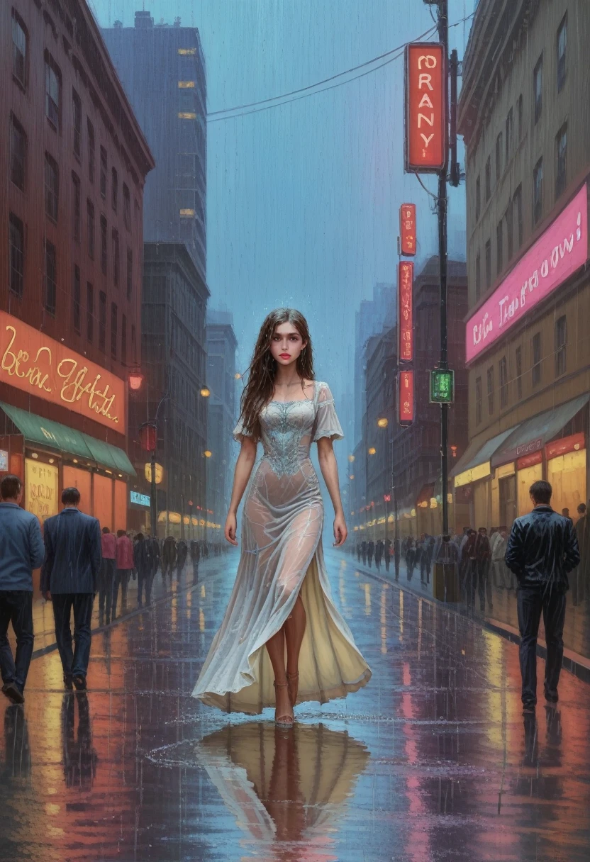 a beautiful cyborg woman, intricate details, masterpiece, absurdres, beautiful figure, slim body, magnificent anatomy, intricate details:1.12, HDR, intricate details, hyper-detailing:1.15, natural skin textures, hyper realistic, soft light, sharp:1.2, walking through a crowded city street, squatting, wet dress, performance, defile, cityscape, modern architecture, neon lights, rainy environment, reflective surfaces, dramatic lighting, heavy rain, raindrops, downpour, wet hair, wet pussy