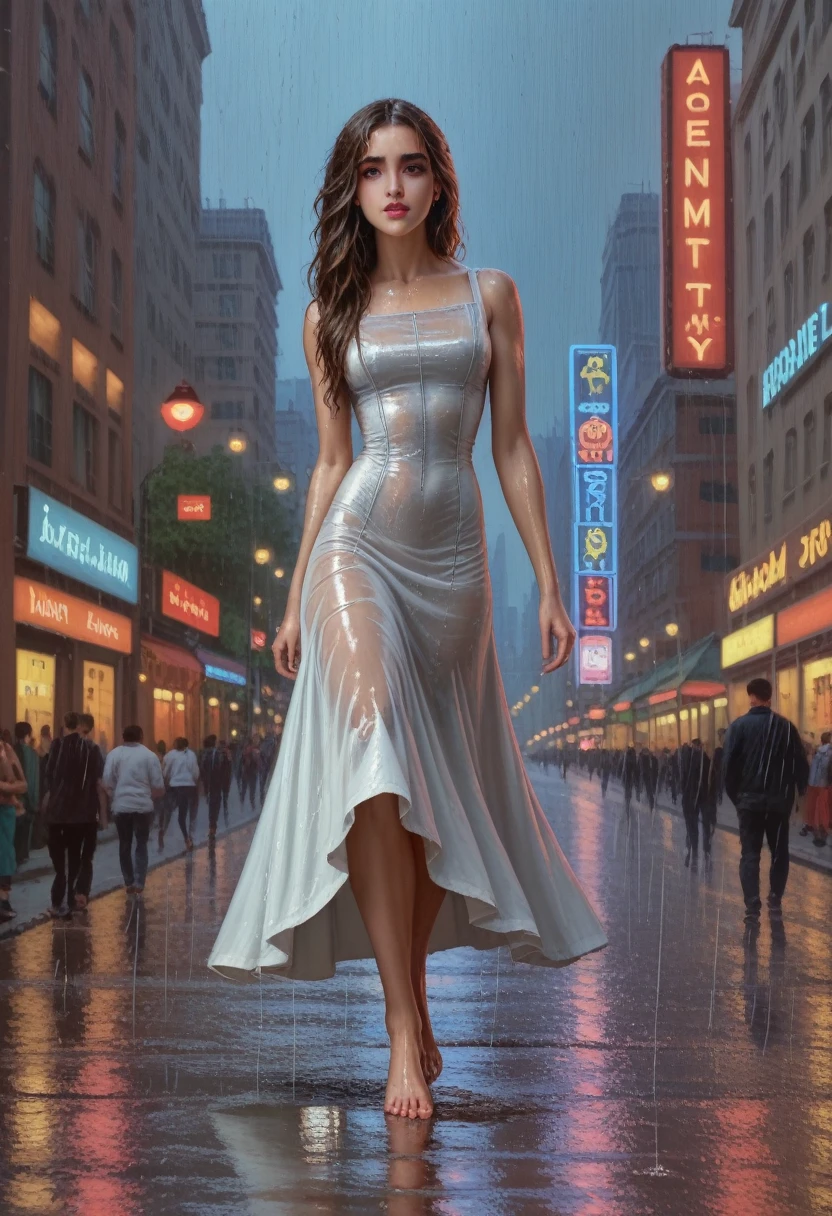 a beautiful cyborg woman, intricate details, masterpiece, absurdres, beautiful figure, slim body, magnificent anatomy, intricate details:1.12, HDR, intricate details, hyper-detailing:1.15, natural skin textures, hyper realistic, soft light, sharp:1.2, walking through a crowded city street, squatting, wet dress, performance, defile, cityscape, modern architecture, neon lights, rainy environment, reflective surfaces, dramatic lighting, heavy rain, raindrops, downpour, wet hair, wet pussy