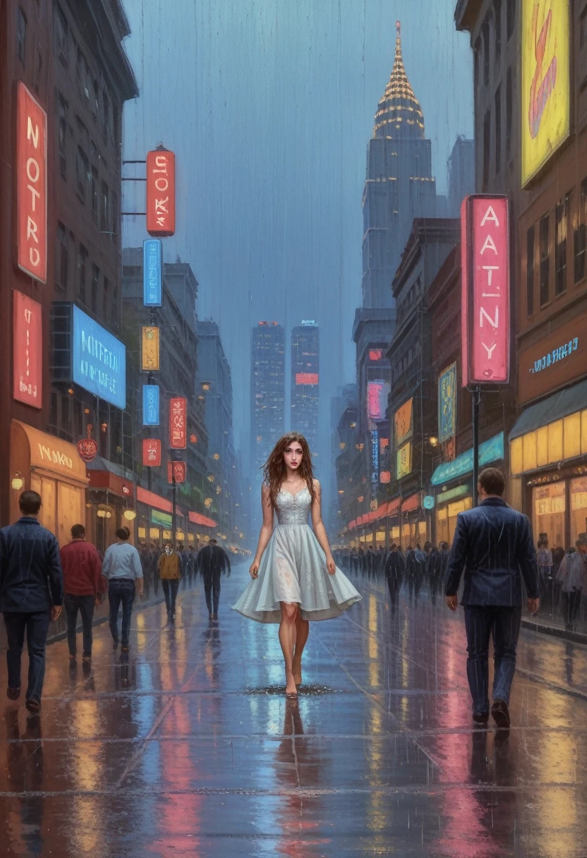 a beautiful cyborg woman, intricate details, masterpiece, absurdres, beautiful figure, slim body, magnificent anatomy, intricate details:1.12, HDR, intricate details, hyper-detailing:1.15, natural skin textures, hyper realistic, soft light, sharp:1.2, walking through a crowded city street, squatting, wet dress, performance, defile, cityscape, modern architecture, neon lights, rainy environment, reflective surfaces, dramatic lighting, heavy rain, raindrops, downpour, wet hair, wet pussy