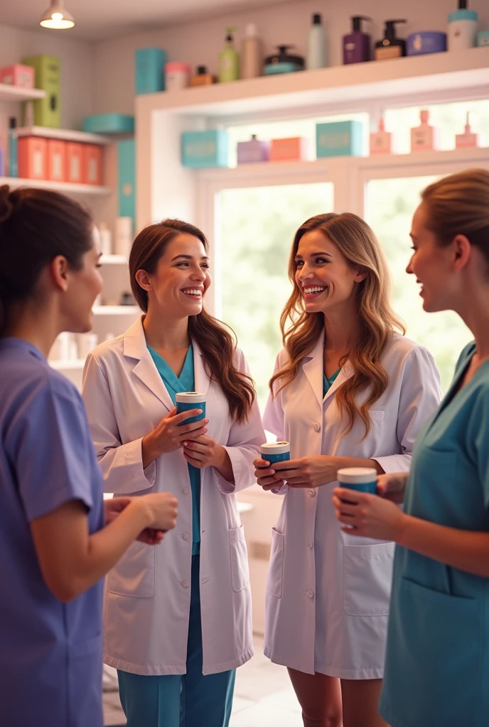I NEED AN IMAGE SHOWING BEAUTY PROFESSIONALS (BETWEEN NURSES, pharmacists, BIOMEDICAL, beauticians, For example) EXCITED ABOUT THE PROFESSION, VERY EXCITED. PICTURE REALISTIC.