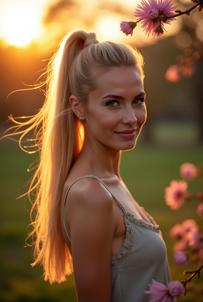 Create a woman who is 45 years old., blonde and brown-eyed, her hair is long and she has a big tail that catches the eye