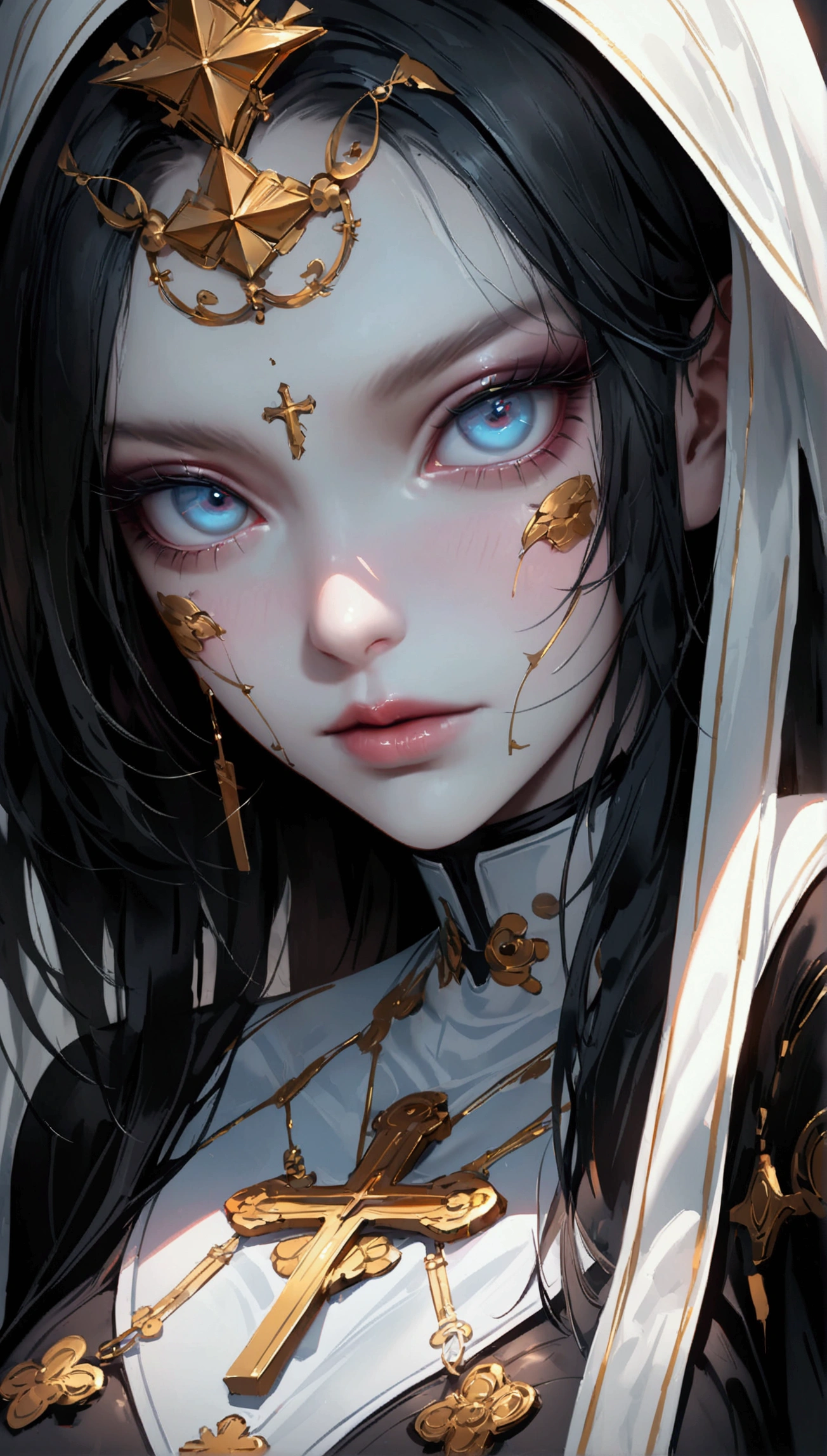 a close up of a woman with a cross on her face, a hyperrealistic painting inspired by Yanjun Cheng, trending on Artstation, hyperrealism, detailed painting 4 k, detailed portrait of madonna, karol bak uhd, james jean and wlop, karol bak of emma watson nun, sakimichan frank franzzeta, yanjun chengt,a mesmerizing nun reimagined in a futuristic cyber setting captivates with intricate details and a bold aesthetic. Her expressive features and vivid colors create an unforgettable visual experience. Perfect for fans of cybernetic art and futuristic themes.