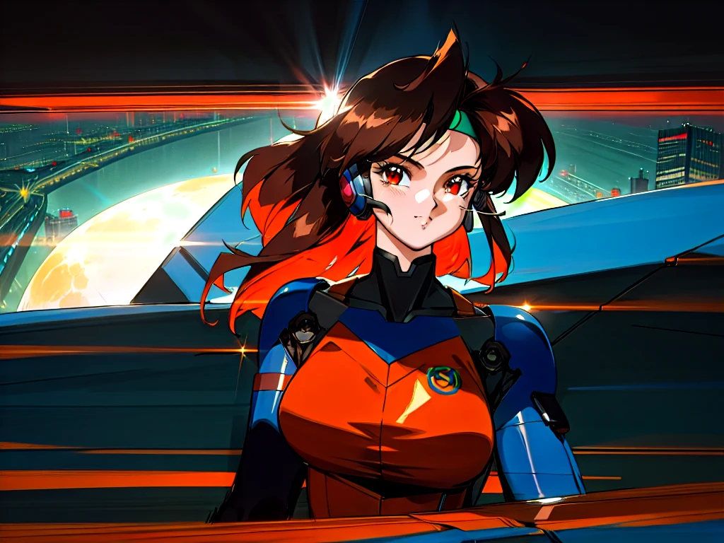Kenichi Sonoda, retro art-style, 90s Japanese Anime Style, "bubblegum crisis", Sci-fi, Cyberpunk, Neon, (Amid the neon-soaked skyline of towering skyscrapers in mega Tokyo, 20-year-old anime beauty Priss stands alone on a gleaming skyscraper spire, bathed in the dazzling glow of the full moon. Her striking features are accentuated by a dark blue metal hard suit adorned with vibrant orange lines inspired by Syd Mead's industrial machine designs. Her brown medium-length hair frames her piercing gaze while she flashes a confident smile at the viewer. With fearless determination etched on her face, Priss is imposing and her entire presence exudes an aura of cool, stylish elegance. The smooth curves of her shadow, backlit by the moon, create a captivating silhouette, showcasing her unparalleled charm. (She takes off her uncomfortable full-face headset and lets her hair flow freely in the cool night breeze.), A beauty under the watchful eye of the city's towering skyscrapers.), 1girl, solo, The main character, "Priss", 20yo, anime beauty, Cool beauty, Unparalleled beauty, Brown medium length hair, forehead, red eyes, Cold and sharp eyes, harsh brushstrokes, dramatic lighting, A dark blue metal hard suit with orange lines has a sophisticated design, fearless look, an expression of ridicule, smile, Standing alone in the backlight, she looks cool and stylish, Standing, looking at viewer, Extreme close-up photography of upper body, from below, Depth of field, character focus, (masterpiece, Award-winning work, extreme quality, ultra high definition, all intricate, overall detailed, very aesthetic, boast pompously, focus on entire screen, asymmetrical, raytraced, caustics, textile shading, incredibly absurd resolution, absolutely resolution, ultra high resolution, professional, vivid colors, 16k, perfect anatomy, ideal facial features, Beautifully detailed face, Beautifully detailed eyes, ideally proportioned figure, perfectly beautiful body),
