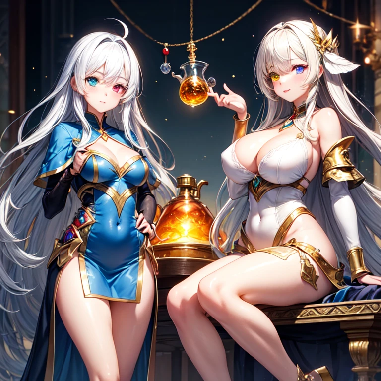 A beautiful girl inventor,An alchemist with white hair, heterochromia eyes - right golden and left blue - and a large chest.