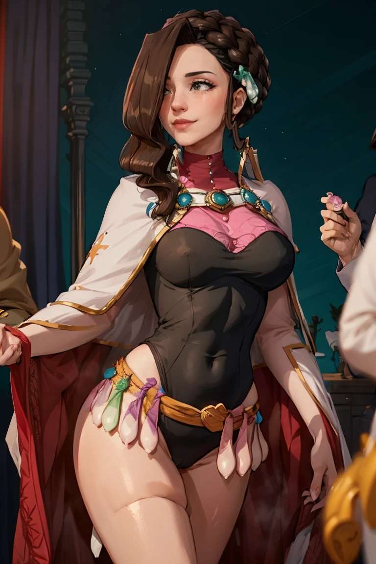 8k, ray tracing, vibrant colors, (1girl, solo), (justine courtney:1.8), hair over one eye, braid, black dress, white cape, brown hair, brown eyes, milf, large breasts, masterpiece, sharp focus, Best Quality, depth of field, cinematic lighting, very detailed clothes, (used condoms, condom belt, used condom belt, condom hair ornament:1.6), (abs), ((seductive smile)), Perfect eyes, perfect hair, Rich in details and textures, masterpiece, Best Quality, beautiful girl, Sun light, chiaroscuro, (perfect hands:0.7, Clean hands:0.7), ((((Professional photography)))), ((Dream)), Whole body