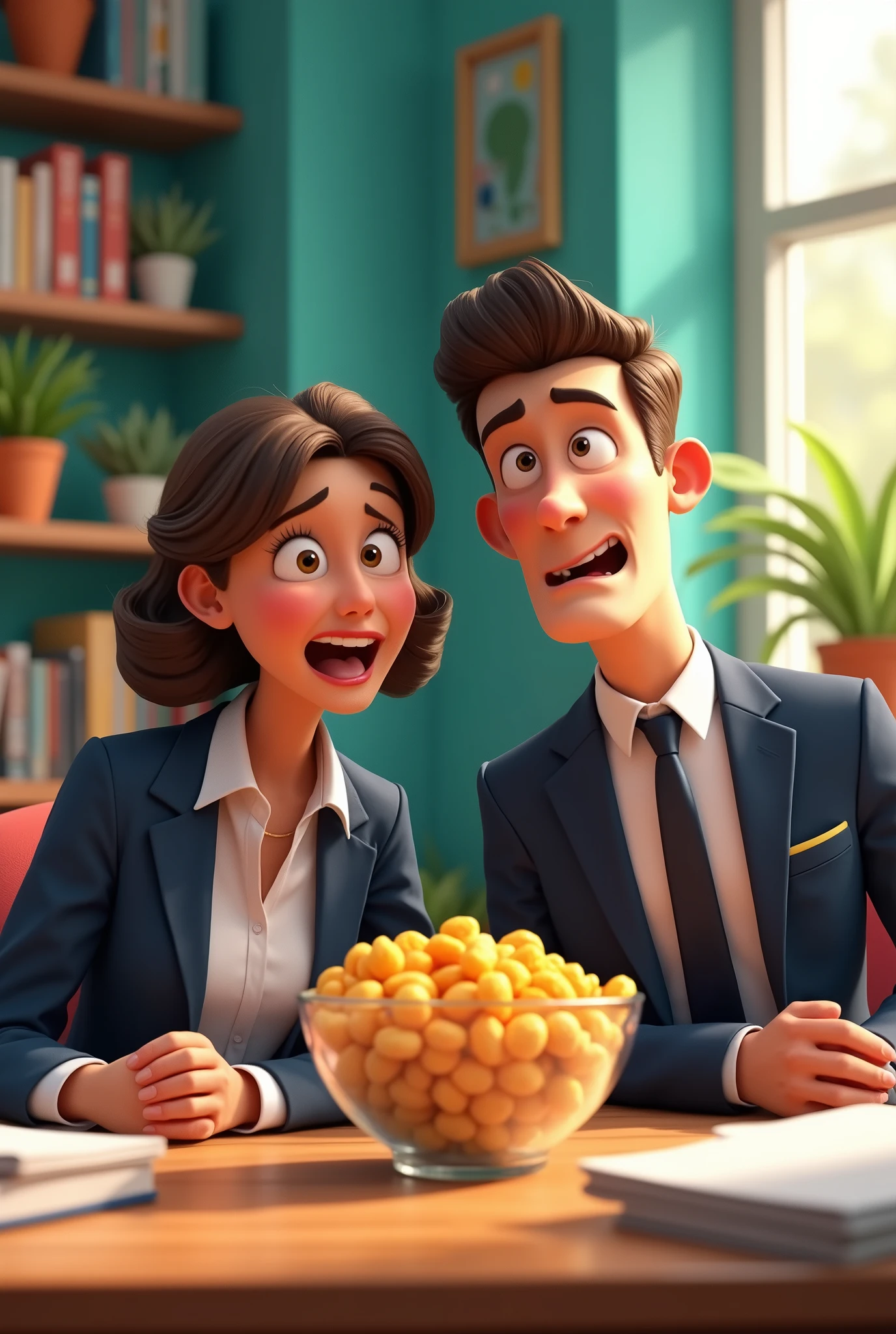Hyper realistic, colorful Pixar style image of scene of 3D cartoon style of scene of mother and father wearing professional clothes sitting at desk in office with a hungry face