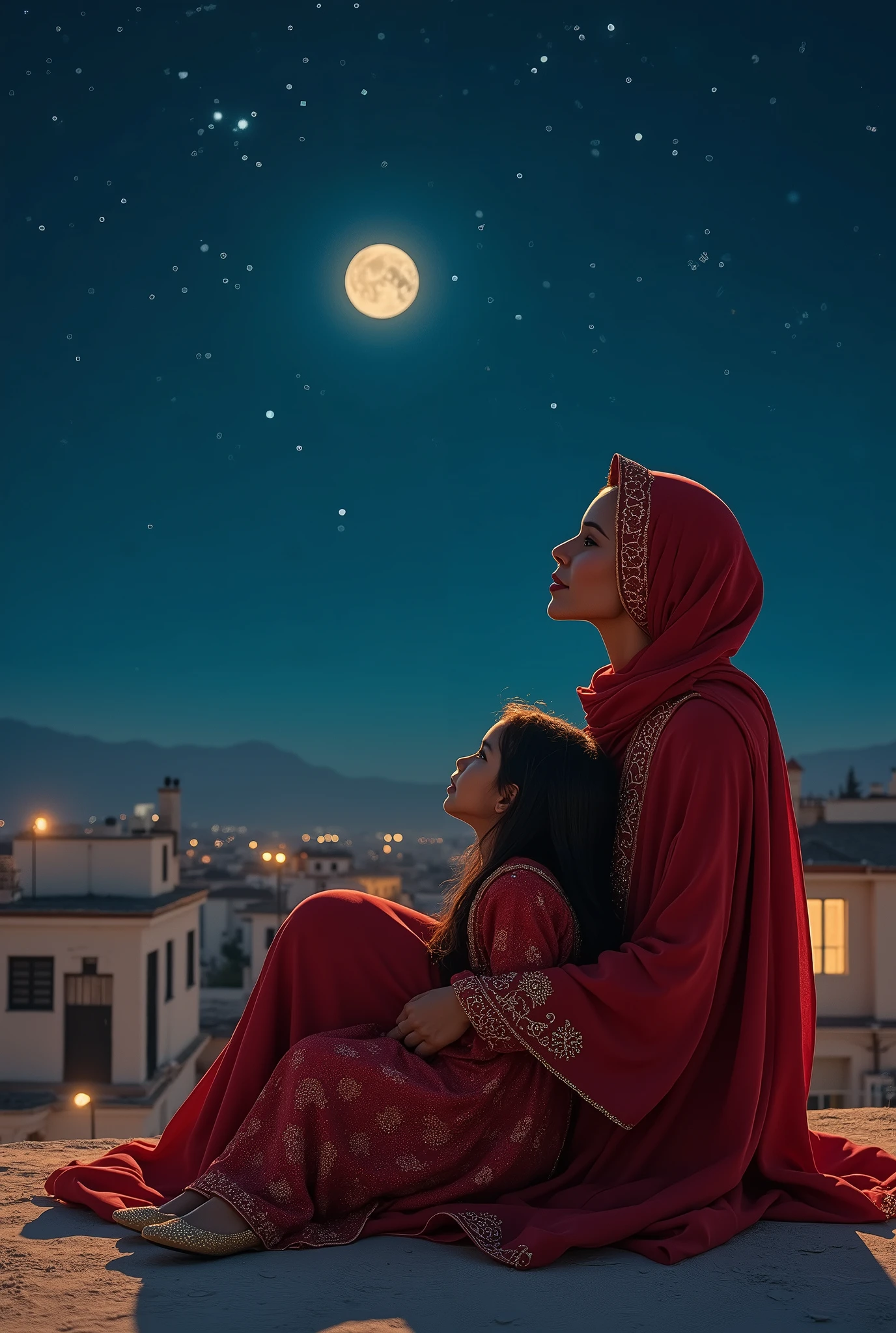 (Image réaliste : 1.2), une belle femme arabe, assise avec sa fille sur le toit de la maison, portant un caftan marocain rouge et de belles chaussures, et elles regardent les étoiles dans l'espace,
Elle peigne les cheveux longs de la jeune fille. Ci-dessus, des photos de la maison et d'autres maisons au loin.